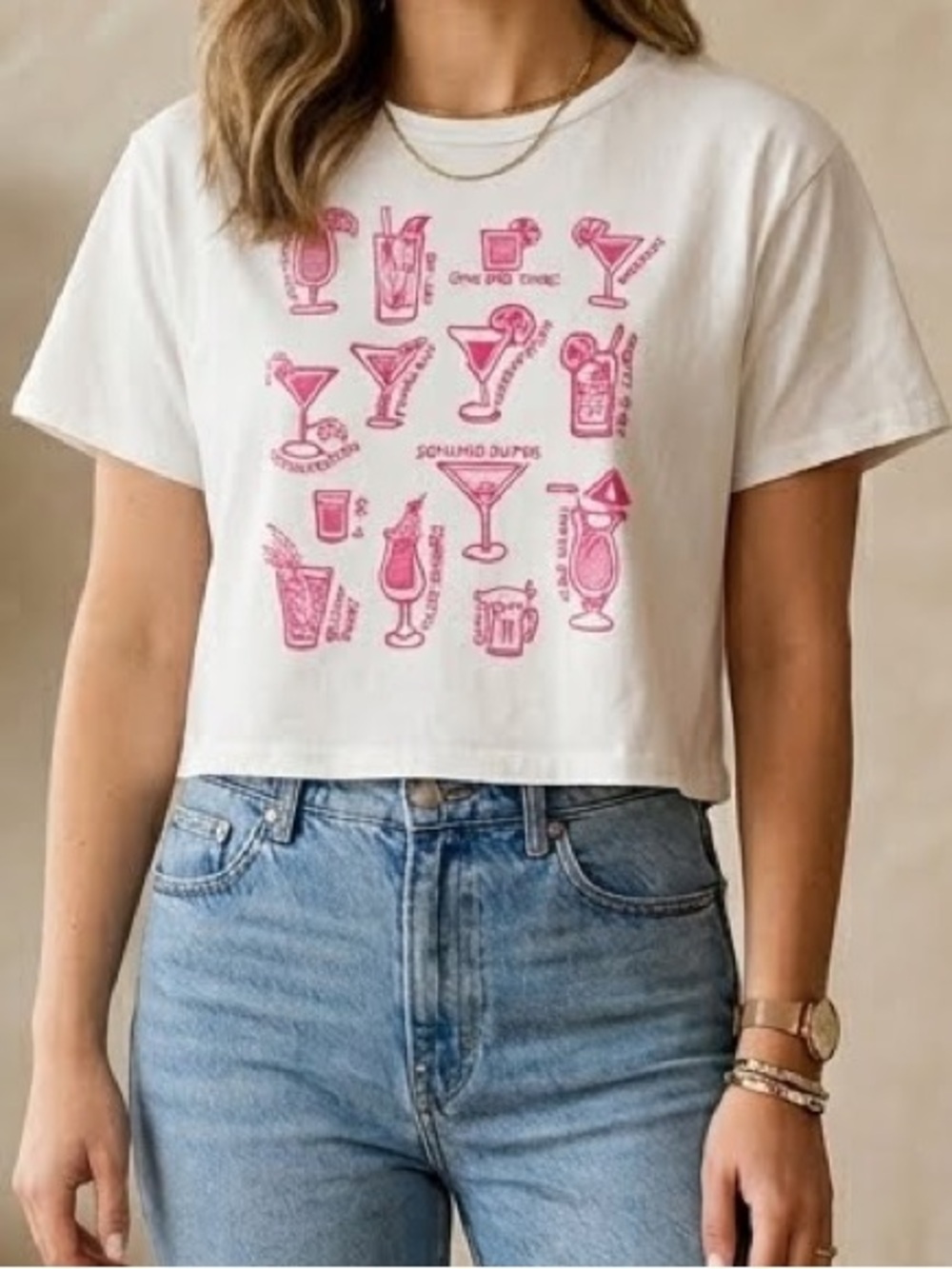 French Pastry Graphic Tee Cocktail Print White Cropped Pink XL brunch happy hour